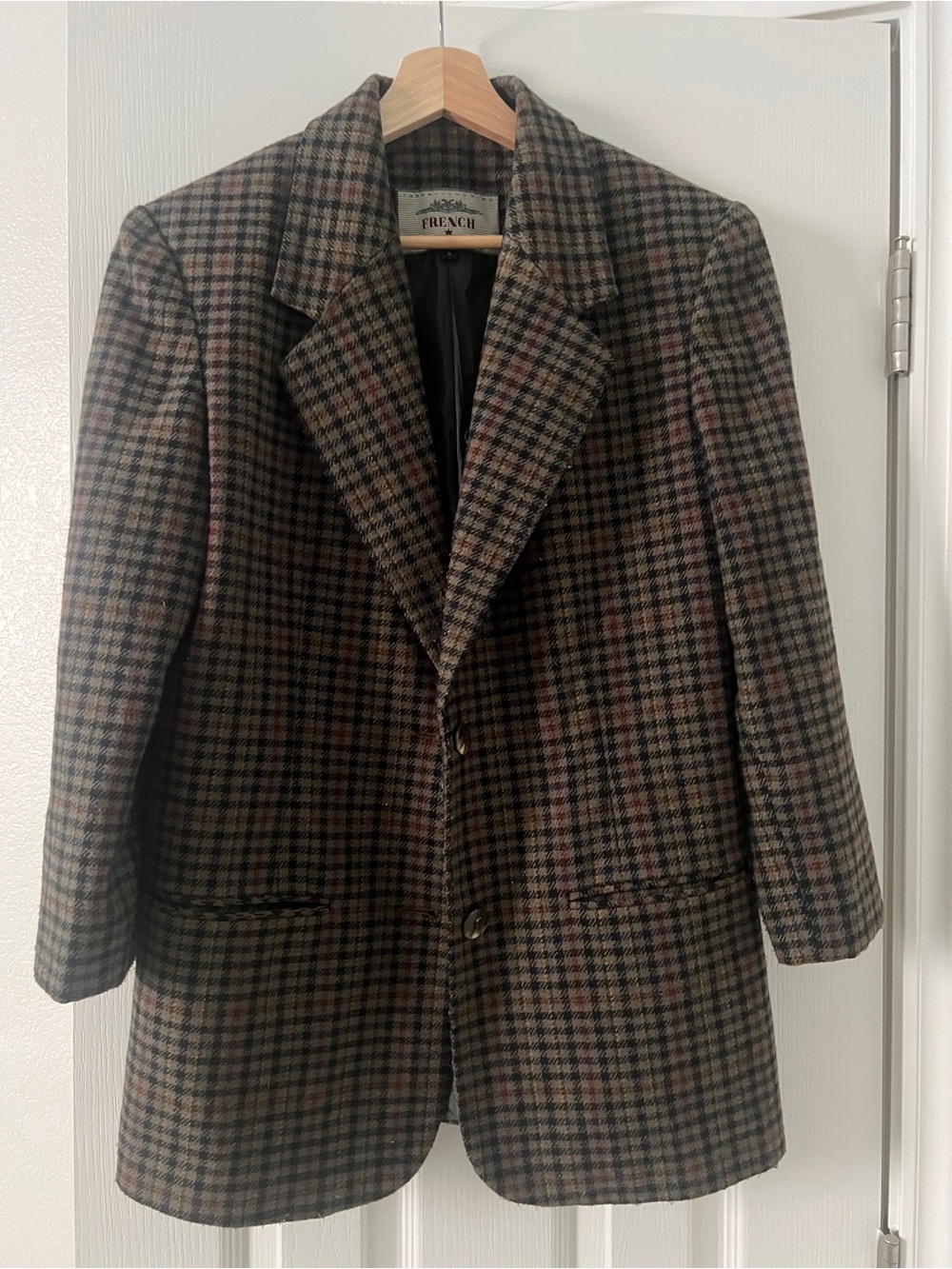 Vintage French wool blend Women's Brown Plaid Single-Breasted Blazer